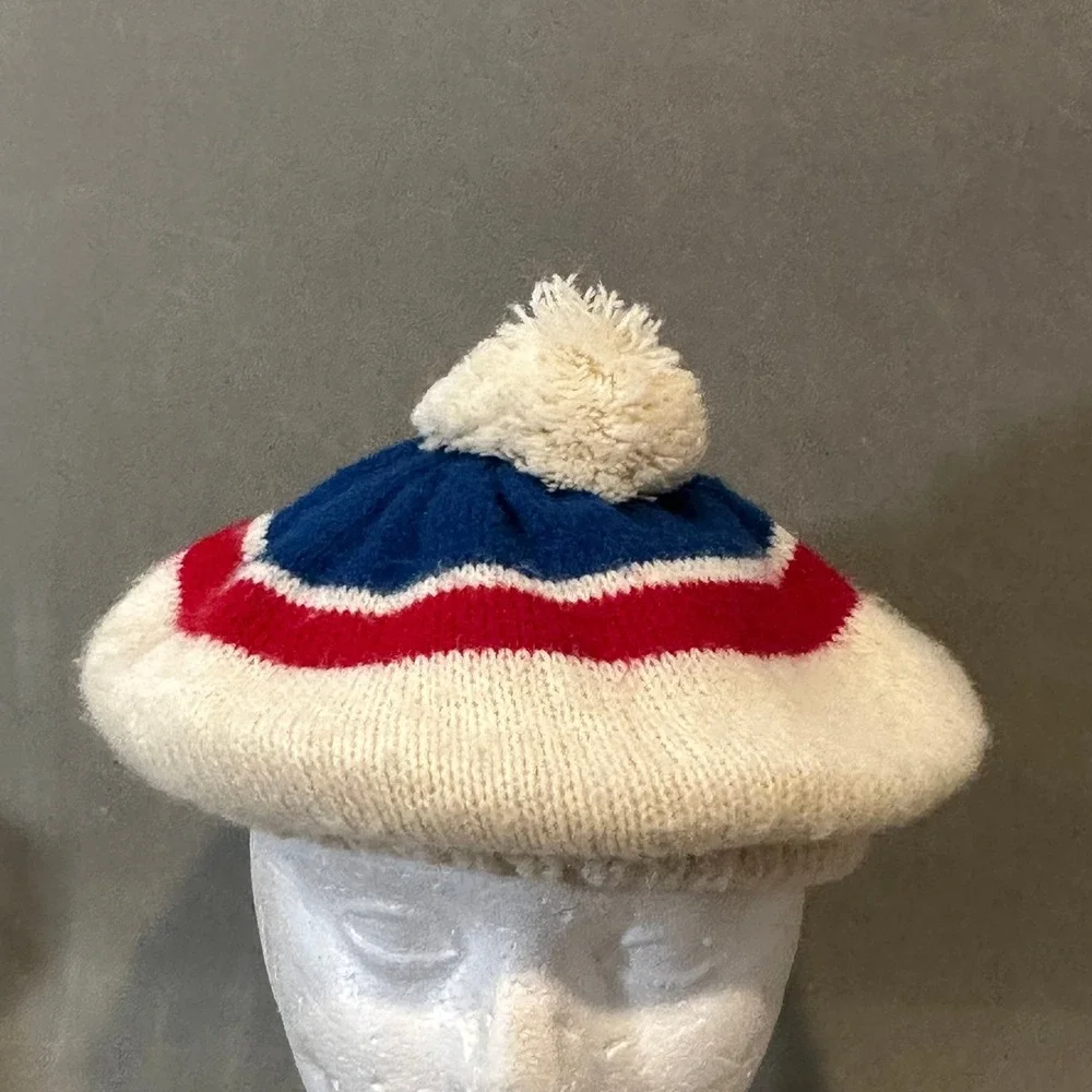 Vintage Tricolor Knit Beret Pom Pom Hat Cream Red Blue Slouchy Beanie